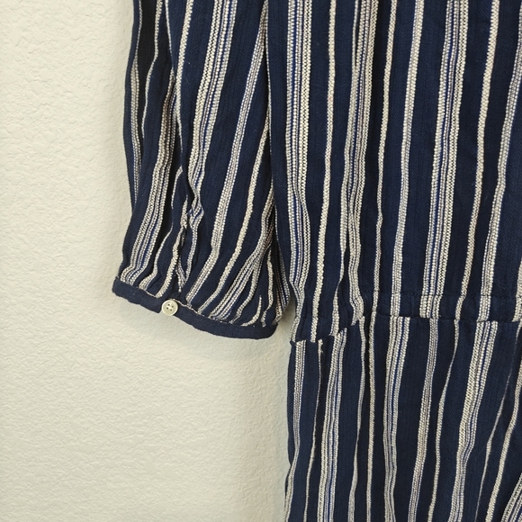 TROVATA Birds Of Paradise Striped 3/4 Sleeves Navy White Cropped Jumpsuit Small - Picture 14 of 15